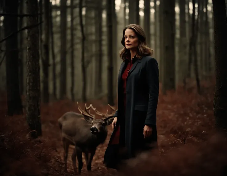 Clarice Starling from the movie "The Silence of the Lambs", Jodie Foster, FBI agent, In a dark mystical forest, Behind her is a large black deer with thick antlers and red eyes