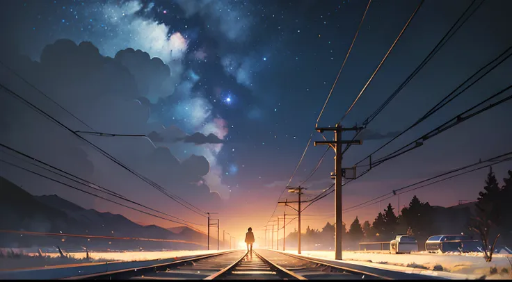 High quality masterpiece ，scenecy，Anime train passing through bodies of water on tracks， Glittering starry sky。Romantic train，Pisif，concept-art，Lofi art style，Reflectors。 By Makoto Shinkai, Lofi art, beautiful anime scenes, Anime landscapes, Detailed scene...