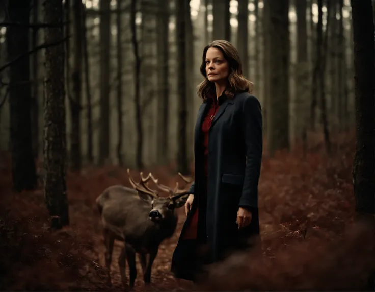 Clarice Starling from the movie "The Silence of the Lambs", Jodie Foster, FBI agent, In a dark mystical forest, Behind her is a large black deer with thick antlers and red eyes