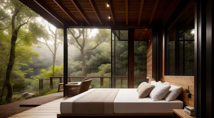 Por favor, Generates an image that represents a conventional bed placed under a rustic roof in the middle of a lush forest during a gentle rain. The roof can be made of wood or straw and must be strategically placed to protect the bed from rain. The atmosp...