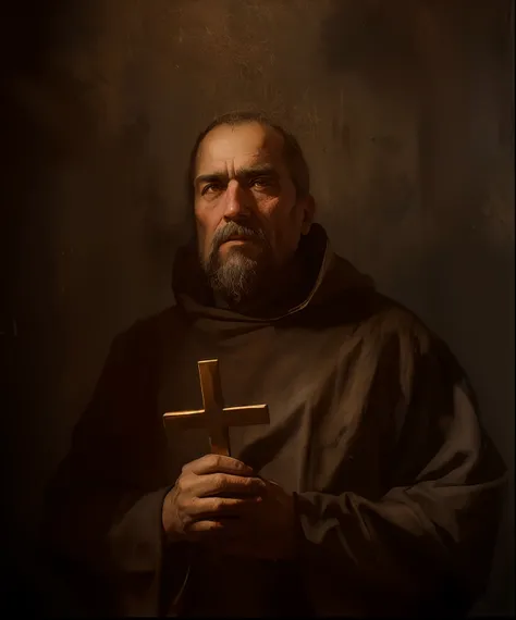 a close up of a man holding a cross in his hands, inspired by Francisco de Zurbarán, portrait of monk, portrait of saint of the pit, inspired by Geertgen tot Sint Jans, inspired by Matthias Stom, chiaroscuro portrait, inspired by Yousuf Karsh, inspired by ...