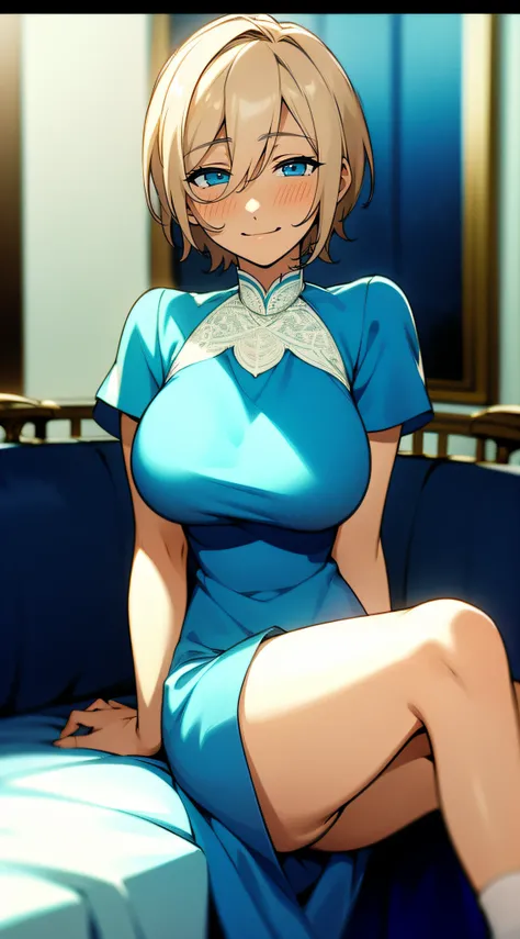 eichi tenshouin, cute blue dress, short dress, solo girl, slim waist, big boobs, long socks, long white socks, blue shoes, cute girl, blonde girl, blue eyes, smiling, short hair, girl, sitting, indoors, dress with lace details, detailed eyes,  thin legs,