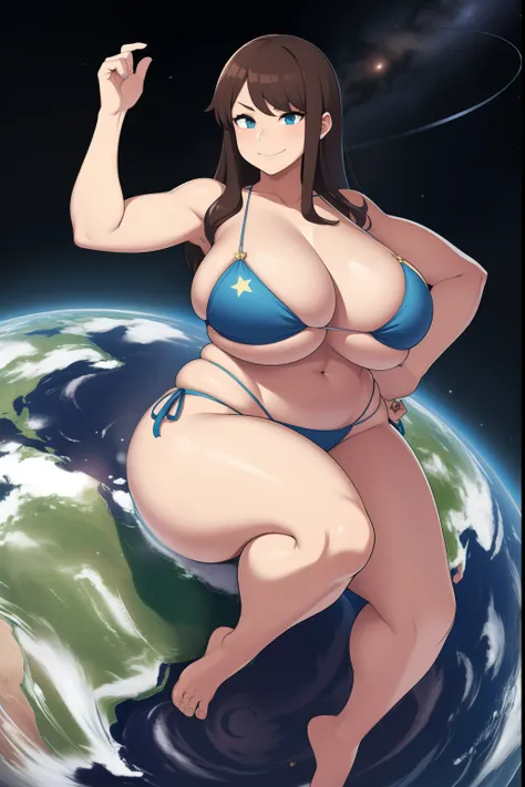 Giantess in a bikini, curvy, busty, smirk, planet, space, stars, sitting down, earth