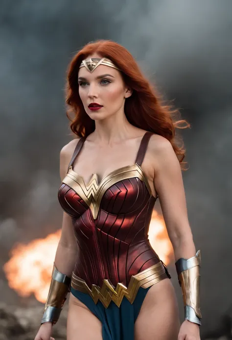 a close up of a redheaded woman in a leather wonder woman bodysuit, giant stunning goddess shot, bomb explosion, explosions, powerful explosions, explosions!, huge explosion, big explosion, looks at the big explosion, blonde goddess, in a leather corset, l...