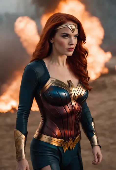 a close up of a redheaded woman in a leather wonder woman bodysuit, giant stunning goddess shot, bomb explosion, explosions, powerful explosions, explosions!, huge explosion, big explosion, looks at the big explosion, blonde goddess, in a leather corset, l...