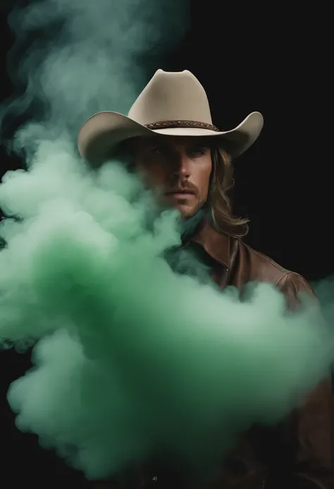 Cowboy cara peidando, a little pastel green smoke cloud color made of smoke represent the fart