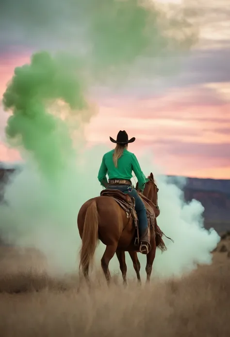 Cowboy cara peidando, a little pastel green smoke cloud color made of smoke represent the fart