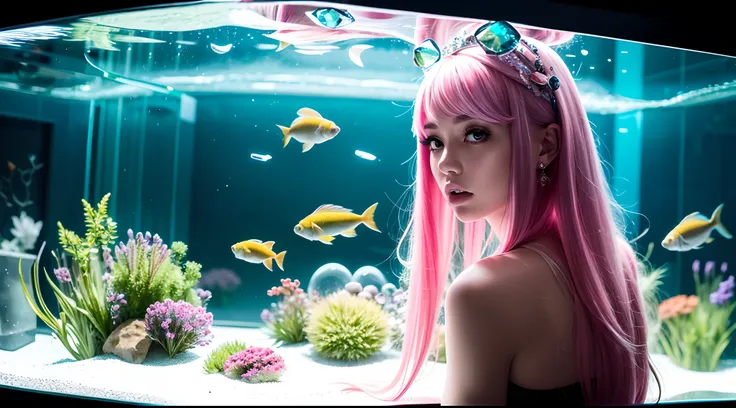 stand behind a fish tank filled with close-ups of firs，looking at viewert，long green hair，dull hair，pink hair accessories，sparkl...