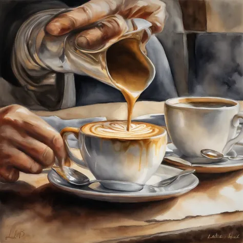 A stunning artwork showcasing the delicate process of latte art creation, the baristas hands expertly pouring steamed milk into a cup of espresso, forming intricate patterns and designs, the scene bathed in soft cafe lighting, the anticipation of a perfect...