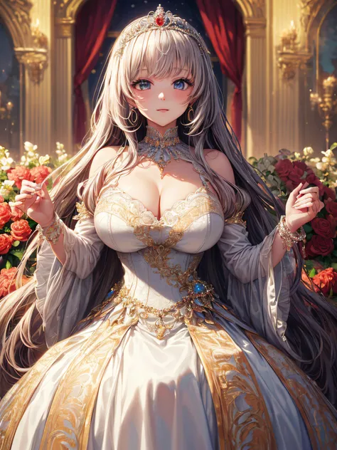 (masterpiece, best quality,extremely detailed,moe anime art style:1.2),1girl, (solo), cute, kawaii,digital art,((1 bling-bling anime princess wearing beautiful embroidery and jeweled extremely gorgeous princess ballgown with voluminous full length hoop ski...