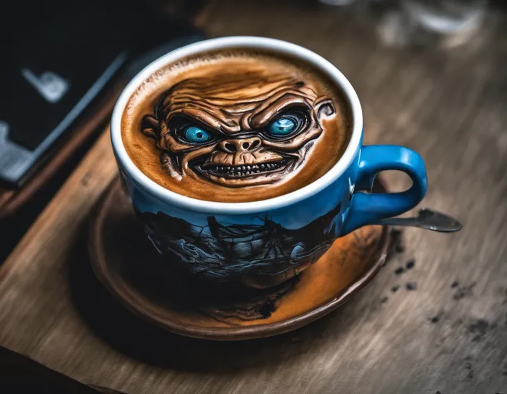 latte art, gremlin, sinister smile, (vivid colors: 1.5)