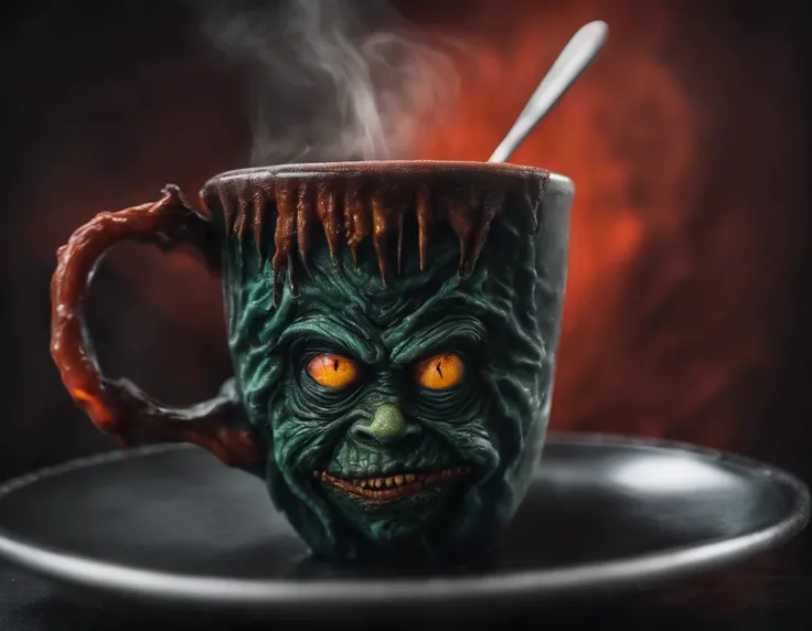 latte art, gremlin, sinister smile, (vivid colors: 1.5)