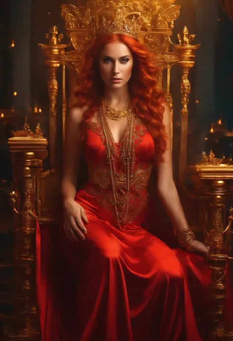 Goddess with fiery hair, in a red dress, bound by hands and feet, with golden chains to a magical golden throne