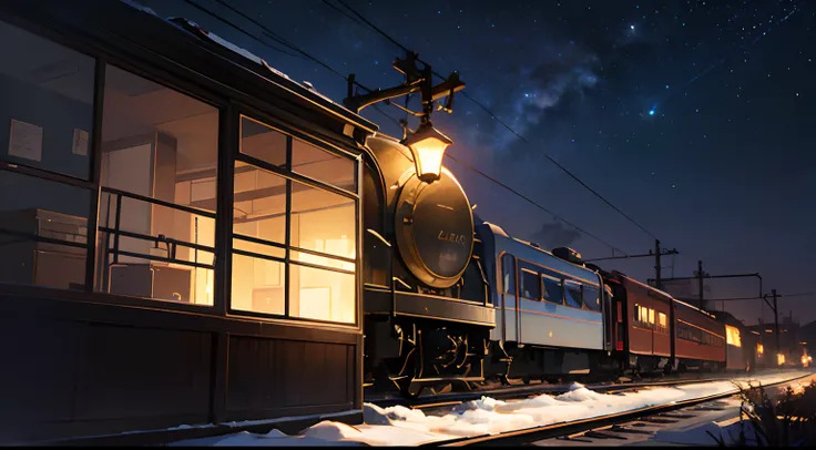 High quality masterpiece ，scenecy，Anime train passing through bodies of water on tracks， Glittering starry sky。Romantic train，Pisif，concept-art，Lofi art style，Reflectors。 By Makoto Shinkai, Lofi art, beautiful anime scenes, Anime landscapes, Detailed scene...