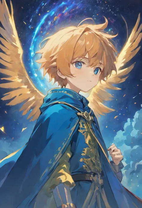 Masterpiece, Best quality, younge boy, Dressed in blue, cloaks,starrysky,flying birds，Sparse light，Night, Looking up, Detailed face