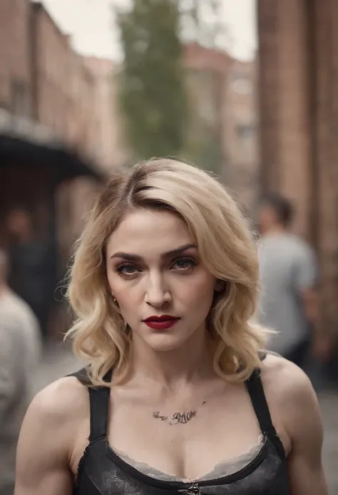 Madonna, dressed in street wear, arm tattoos, in graffitied streets, staring