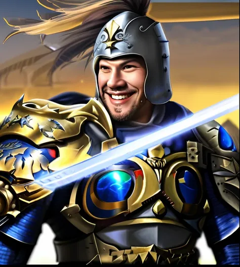 Smiling man in armor holding sword