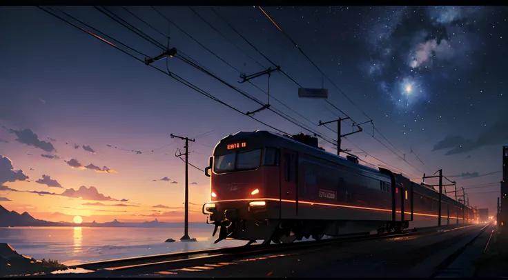 High quality masterpiece ，scenecy，Anime train passing through bodies of water on tracks， Glittering starry sky。Romantic train，Pisif，concept-art，Lofi art style，Reflectors。 By Makoto Shinkai, Lofi art, beautiful anime scenes, Anime landscapes, Detailed scene...