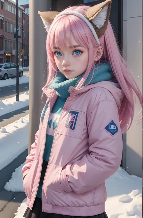 In winter, The wolf-eared girl on the street has a particularly good upper body, and 8K heads-up，Wear a pink jacket，blue color eyes，looking toward the viewer，Snow behind you