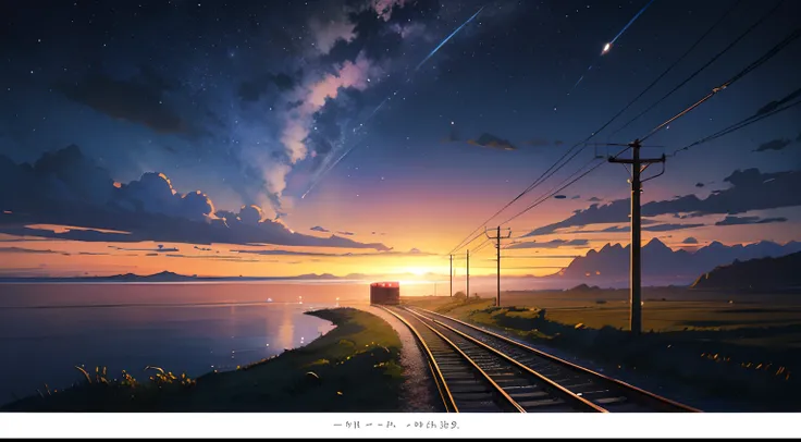 High quality masterpiece ，scenecy，Anime train passing through bodies of water on tracks， Glittering starry sky。Romantic train，Pisif，concept-art，Lofi art style，Reflectors。 By Makoto Shinkai, Lofi art, beautiful anime scenes, Anime landscapes, Detailed scene...