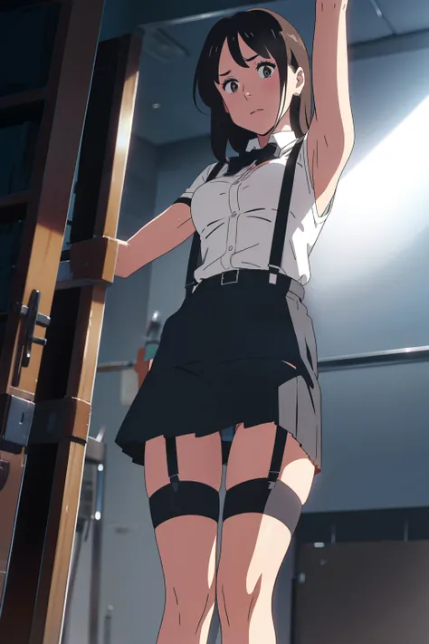 Black skirt, 　suspenders, Brown hair Gray eyes, Garter belt on the legs, Tight clothes, 　　 a belt　Armpit sweat　　deadpan　Moderate breasts