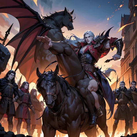 Castlevania Shadow Lord handsome muscular Lord Dracula leading troops armed with demons to war hyper realistic super detailed Dynamic pose super detailed faces hyper realistic super detailed