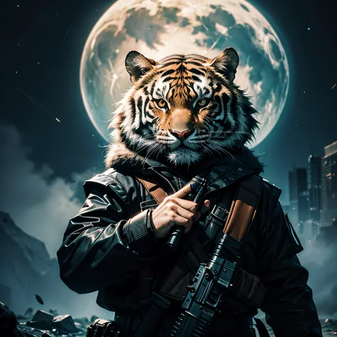 tigre siberiano malvado, usando ak47, arte escura, darkeness, obscuro, fundo escuro, 4k