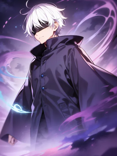 1boy, saturated gojo walking, white hair goosebumps, blue eyes, wearing a black blindfold, fantasy, black robe, red and blue mag...