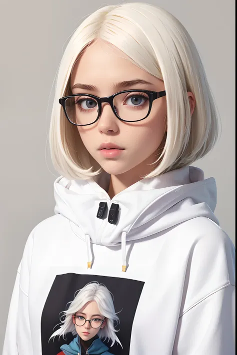 (amiya:0.9), closed mouth, white colored hair, white skin skin, cyan eyes, short shoulder-length hair, eyeglasses, head shot, fa...