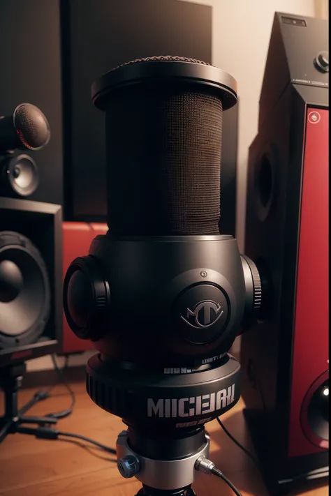 um microfone preto, fundo vermelho, sem pessoas, and a studio in the background