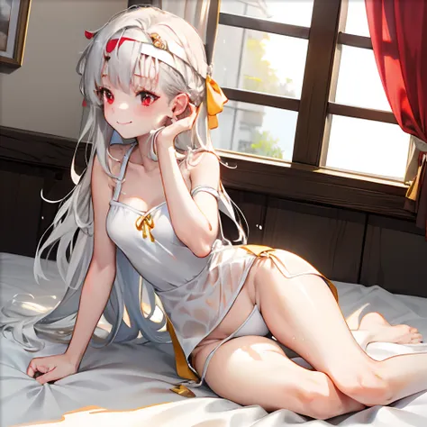 1 girl, tie up hair, Straight left side swept hair, long white hair, red eyes, innocent smile, wear long white shirt cover the leg, white undergarment, Yellow ribbon at the ear, girl room, on the bed, bare leg, wet cloth, headband, ultra sharp, 8k, spread ...