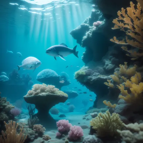 a photorealistic 8k HD cinematography of an epic composition in Unreal Engine. The scene should feature a mesmerizing underwater world with glowing plankton and deep-sea creatures. Utilize ultra-wide-angle shots with a striking depth of field to showcase t...