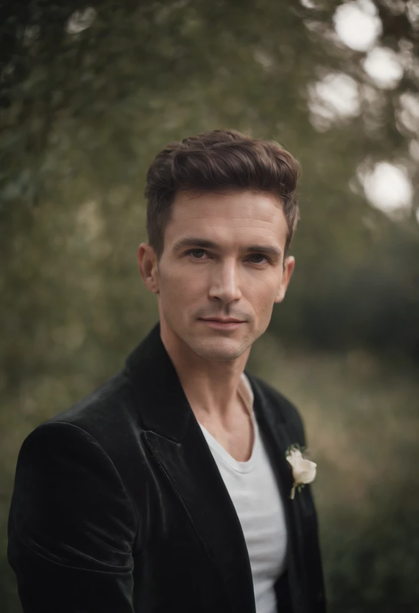 Cinematic photo, wide angle, of a handsom man, tall and fit, 40 years old, (shaven:1.4) , short curly brown hair. dark brown tight velvet suit, (the jacket has black flower patterns:1.2). clean composition, strong details, Muted Colours, Hasselblad --style...