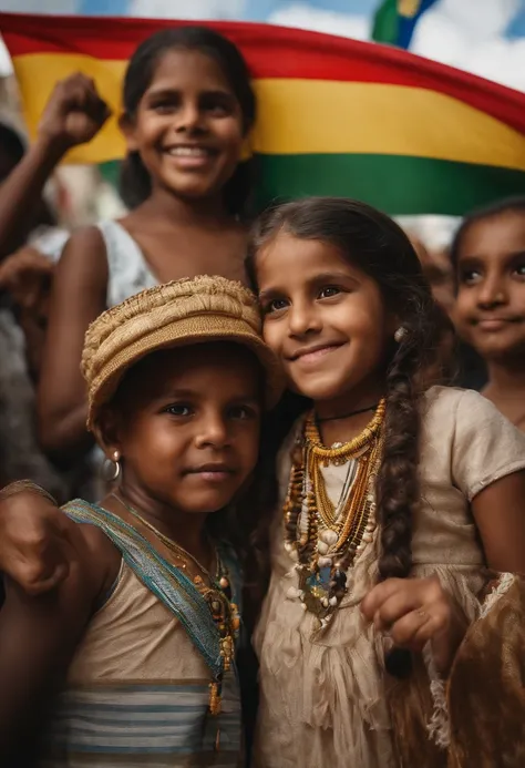 homens e mulheres brasileiros, varias etnias, em uma cidade, na rua, crowd, bandeira do Brasil no mastro no meio da rua, brunette children, black children, white children, All together in the crowd, um homem aproximadamente 37 anos descendente indigena, ol...