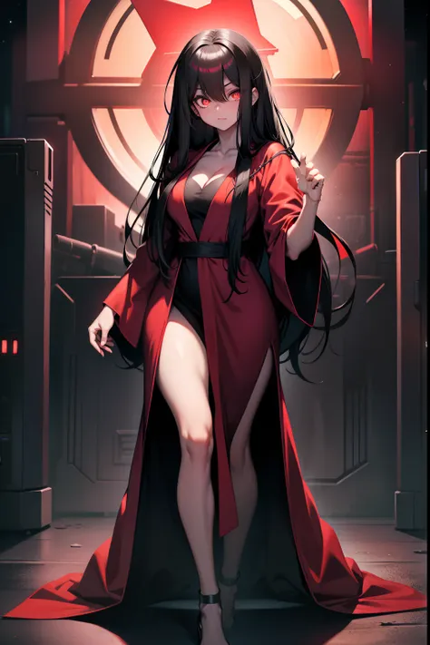 (( best quality, masterpice, )) crimson eyes, glowing eyes, night, red robe, full-body, standing, female, long hair, black hair