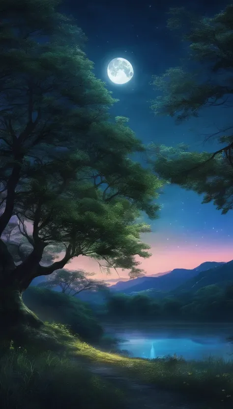 Lovely night view、moonlights、Anime Art Background、There are no people、The tree々、fullmoon