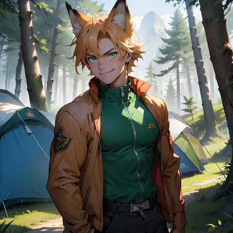 Solo, anime, male, muscular, abs, pecs, gringer hair, short hair, fox ears, fox tail, green eyes, faint freckles on face, no body hair, smiling, wearing an unzipped jacket, standing in front of tents the woods