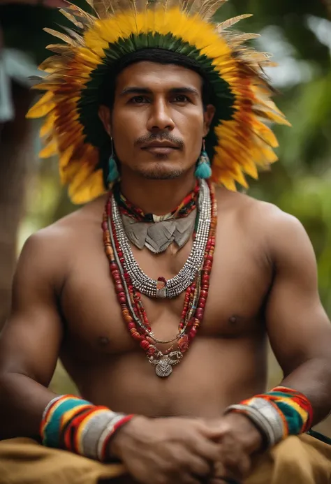 homem 37 anos, descendente de indigena brasileiro, pouca barba, moreno, vestido de camiseta branca e bermuda, olhando para bandeira do brasil, At your side children,  ideia de verem o futuro