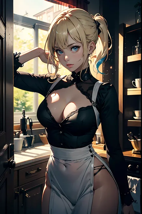 The photo was taken in the inside of the house, in the kitchen. The girl on focus, She is facing the camera. She wears a maid outfit, for roleplay porpuses, revealing its curves. The outfit is very tight around her waistline, and her shouldes are bare. Her...