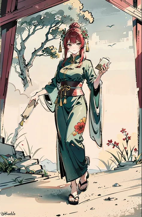 (Masterpiece, best quality: 1.2), traditional Chinese ink painting, trees and grass, a plant, flower, a goddess of flowers in a temple, red hair