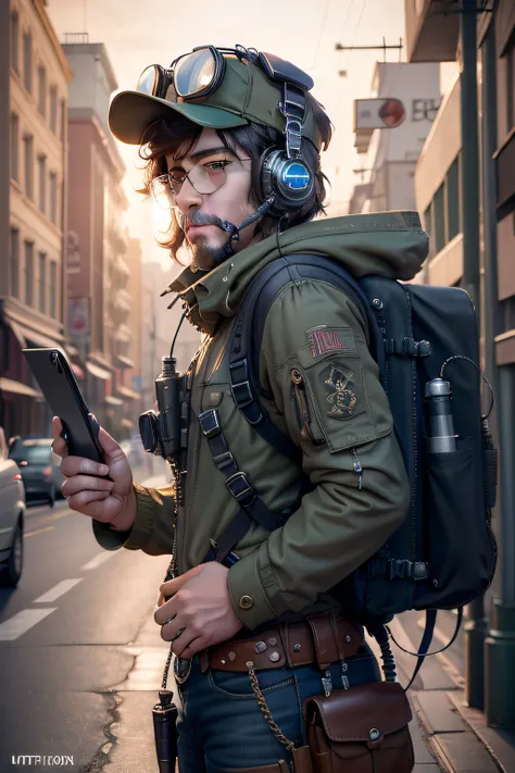 hiper-realista, Motor irreal, ..3d, (medium shot), (A Long Shot), (Steampunk Military Communication Team), (Steampunk Meta-Gnome Soldier usando fones de ouvido HighTech com microfone) , ((Satellite telephone)), ((Radio Backpack Antenna)), (segurando um (Te...