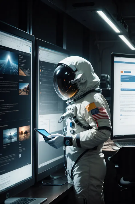 An astronaut working as a web designer on a notebook display screen with a website. Do not crop the sides of the image.