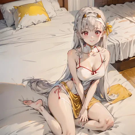 1 girl, tie up hair, Straight left side swept hair, long white hair, red eyes, innocent smile, wear long white shirt cover the leg, white undergarment, Yellow ribbon at the ear, girl room, on the bed, bare leg, wet cloth, headband, ultra sharp, 8k, spread ...