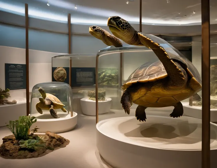 /imagine prompt: Step into the sea turtle museum, where three distinct rooms await exploration. The first room, bathed in warm, inviting light, introduces visitors to the fascinating lives of sea turtle individuals through a collection of lifelike sculptur...