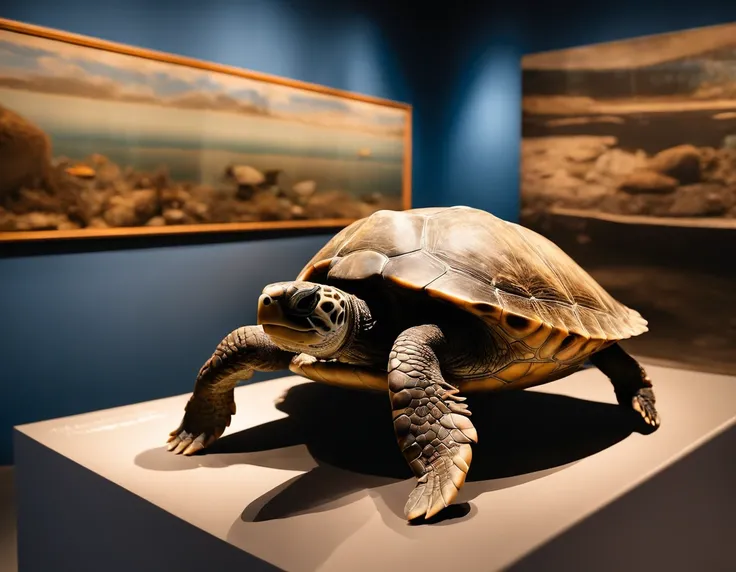 /imagine prompt: Step into the sea turtle museum, where three distinct rooms await exploration. The first room, bathed in warm, inviting light, introduces visitors to the fascinating lives of sea turtle individuals through a collection of lifelike sculptur...