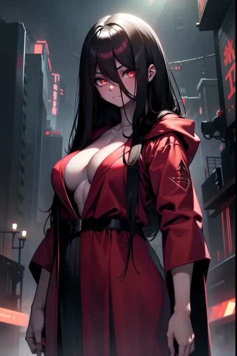 (( best quality, masterpice, )) Crimson eyes, glowing eyes, night, red robe, standing, female, long hair, black hair, white skin