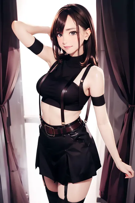 Black skirt, 　suspenders, Brown hair Gray eyes, Garter belt on the legs, Tight clothes, 　　 a belt　Armpit sweat　　Tight look　Moderate breasts