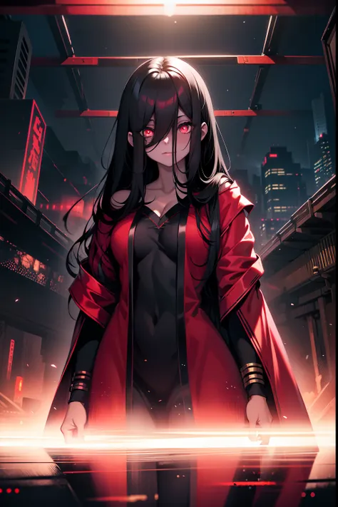 (( best quality, masterpice, )) Crimson eyes, glowing eyes, night, red robe, standing, female, long hair, black hair, white skin