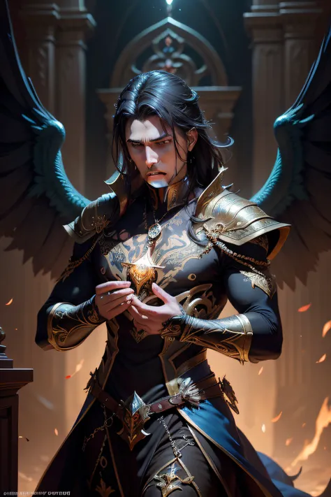 Banner of etheral half man half demon,with wings,grasping a locket, intricate, elegant, highly detailed, digital painting, artstation, concept art, smooth, sharp focus, illustration, , epic royal background, big royal uncropped crown, magic jewelry, nature...