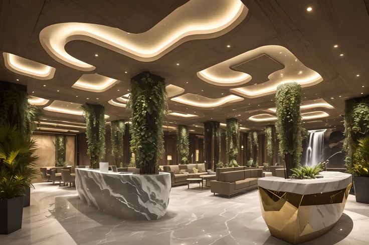 amazing golden luxurious futuristic military style interior with reception desk, huge military flag and lots of (((Lush plants))) (lotus flowers), ((Palm trees)), rock walls, ((sand)), ((waterfalls)), (marble), ((precious minerals)), ((metal)), (Precious s...